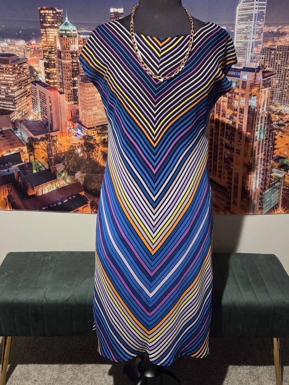 Striped V-Neck Sheath Dress in Blue and Multicolor